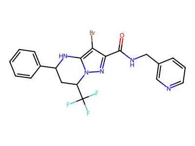 3-bromo-5-phenyl-N-(3-pyridinylmethyl)-7-(trifluoromethyl)-4,5,6,7-tetrahydropyrazolo[1,5-a]pyrimidine-2-carboxamide structure