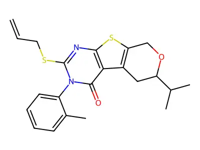 2-(allylthio)-6-isopropyl-3-(o-tolyl)-5,6-dihydro-3H-pyrano[4',3':4,5]thieno[2,3-d]pyrimidin-4(8H)-one structure