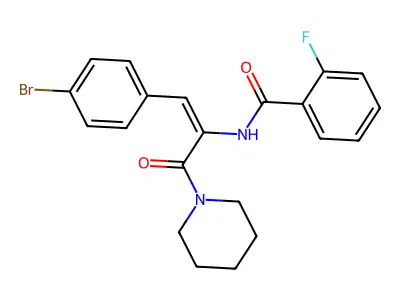 N-[(E)-1-(4-bromophenyl)-3-oxo-3-piperidin-1-ylprop-1-en-2-yl]-2-fluorobenzamide structure