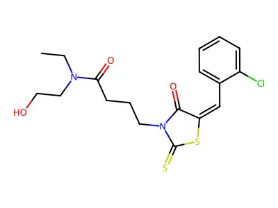 4-[(5E)-5-[(2-chlorophenyl)methylidene]-4-oxo-2-sulfanylidene-1,3-thiazolidin-3-yl]-N-ethyl-N-(2-hydroxyethyl)butanamide structure