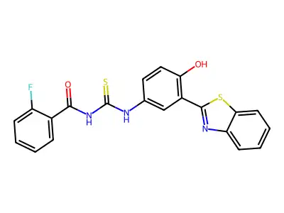 N-((3-(benzo[d]thiazol-2-yl)-4-hydroxyphenyl)carbamothioyl)-2-fluorobenzamide structure