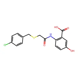 2-(2-((4-Chlorobenzyl)thio)acetamido)-5-hydroxybenzoic acid structure