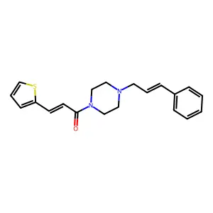 (E)-1-[4-[(E)-3-phenylprop-2-enyl]piperazin-1-yl]-3-thiophen-2-ylprop-2-en-1-one structure