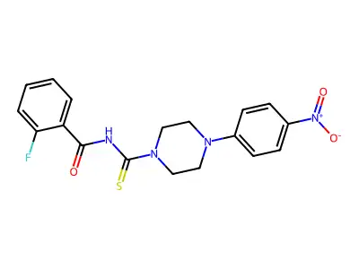 2-fluoro-N-[4-(4-nitrophenyl)piperazine-1-carbothioyl]benzamide structure