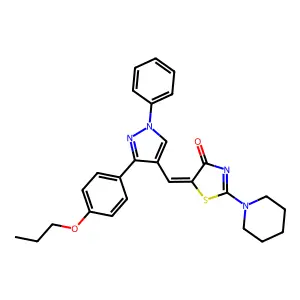 (5E)-5-[[1-phenyl-3-(4-propoxyphenyl)pyrazol-4-yl]methylidene]-2-piperidin-1-yl-1,3-thiazol-4-one structure