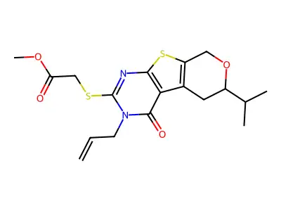 methyl {[4-oxo-6-(propan-2-yl)-3-(prop-2-en-1-yl)-3,5,6,8-tetrahydro-4H-pyrano[4',3':4,5]thieno[2,3-d]pyrimidin-2-yl]sulfanyl}acetate structure