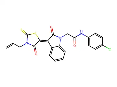 N-(4-chlorophenyl)-2-[(3Z)-2-oxo-3-(4-oxo-3-prop-2-enyl-2-sulfanylidene-1,3-thiazolidin-5-ylidene)indol-1-yl]acetamide structure