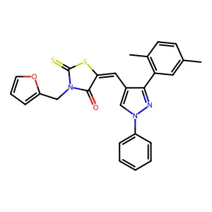 (5Z)-5-[[3-(2,5-dimethylphenyl)-1-phenylpyrazol-4-yl]methylidene]-3-(furan-2-ylmethyl)-2-sulfanylidene-1,3-thiazolidin-4-one structure