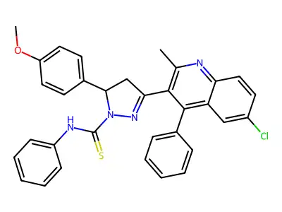 3-(6-chloro-2-methyl-4-phenylquinolin-3-yl)-5-(4-methoxyphenyl)-N-phenyl-4,5-dihydro-1H-pyrazole-1-carbothioamide structure