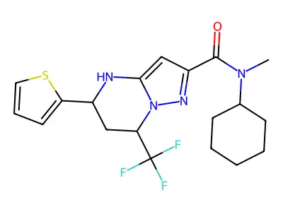 N-cyclohexyl-N-methyl-5-(thiophen-2-yl)-7-(trifluoromethyl)-4,5,6,7-tetrahydropyrazolo[1,5-a]pyrimidine-2-carboxamide structure
