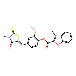 2-methoxy-4-[(Z)-(3-methyl-4-oxo-2-thioxo-1,3-thiazolidin-5-ylidene)methyl]phenyl 3-methyl-1-benzofuran-2-carboxylate structure