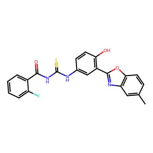 2-fluoro-N-((4-hydroxy-3-(5-methylbenzo[d]oxazol-2-yl)phenyl)carbamothioyl)benzamide structure