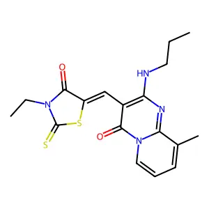 3-[(Z)-(3-ethyl-4-oxo-2-thioxo-1,3-thiazolidin-5-ylidene)methyl]-9-methyl-2-(propylamino)-4H-pyrido[1,2-a]pyrimidin-4-one structure