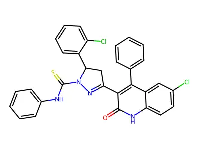 3-(6-chloro-2-hydroxy-4-phenylquinolin-3-yl)-5-(2-chlorophenyl)-N-phenyl-4,5-dihydro-1H-pyrazole-1-carbothioamide structure