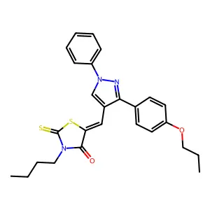 (5Z)-3-butyl-5-{[1-phenyl-3-(4-propoxyphenyl)-1H-pyrazol-4-yl]methylidene}-2-thioxo-1,3-thiazolidin-4-one structure