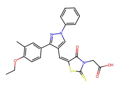 (5-{[3-(4-ethoxy-3-methylphenyl)-1-phenyl-1H-pyrazol-4-yl]methylene}-4-oxo-2-thioxo-1,3-thiazolidin-3-yl)acetic acid structure