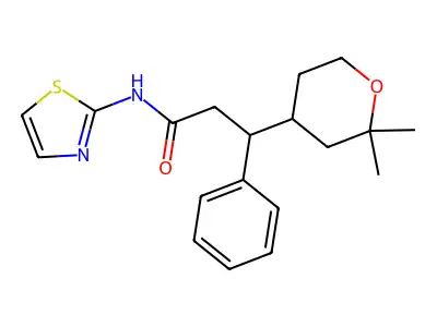 3-(2,2-dimethyloxan-4-yl)-3-phenyl-N-(1,3-thiazol-2-yl)propanamide structure