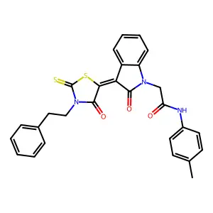 N-(4-methylphenyl)-2-{(3Z)-2-oxo-3-[4-oxo-3-(2-phenylethyl)-2-thioxo-1,3-thiazolidin-5-ylidene]-2,3-dihydro-1H-indol-1-yl}acetamide structure