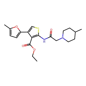 ethyl 4-(5-methylfuran-2-yl)-2-[2-(4-methylpiperidin-1-yl)acetamido]thiophene-3-carboxylate structure