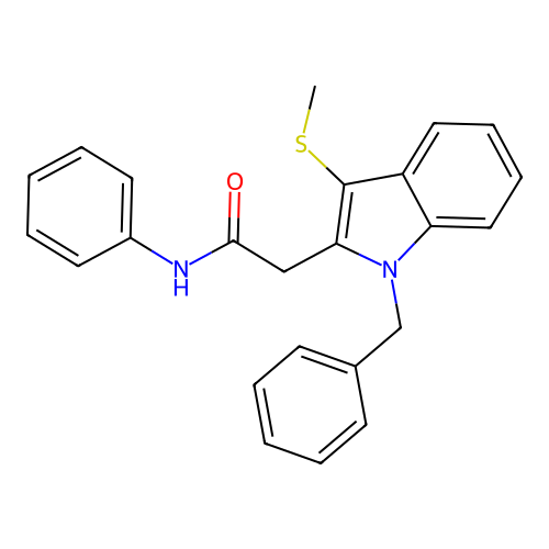 2-[1-benzyl-3-(methylsulfanyl)-1H-indol-2-yl]-N-phenylacetamide structure