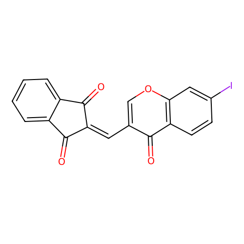 2-((7-iodo-4-oxo-4H-chromen-3-yl)methylene)-1H-indene-1,3(2H)-dione structure
