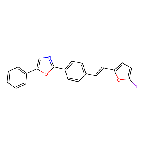 2-[4-[(E)-2-(5-iodofuran-2-yl)ethenyl]phenyl]-5-phenyl-1,3-oxazole structure
