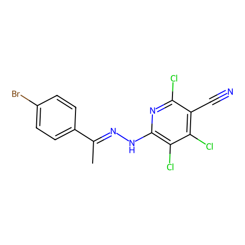 (E)-6-(2-(1-(4-bromophenyl)ethylidene)hydrazinyl)-2,4,5-trichloronicotinonitrile structure