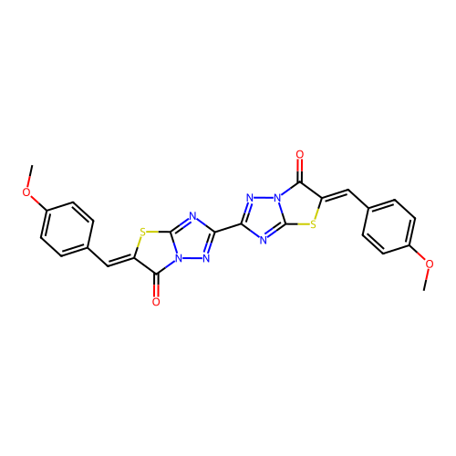 (5Z,5'Z)-5,5'-bis(4-methoxybenzylidene)-[2,2'-bithiazolo[3,2-b][1,2,4]triazole]-6,6'(5H,5'H)-dione structure