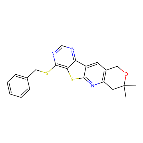 4-(benzylsulfanyl)-8,8-dimethyl-7,10-dihydro-8H-pyrano[3'',4'':5',6']pyrido[3',2':4,5]thieno[3,2-d]pyrimidine structure