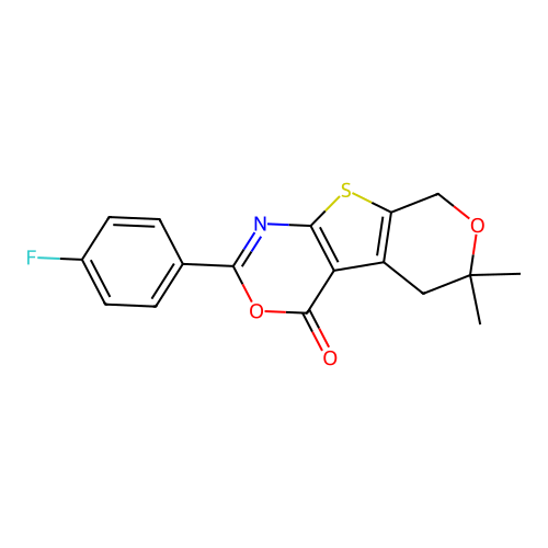 2-(4-Fluoro-phenyl)-6,6-dimethyl-5,8-dihydro-6H-pyrano[4',3':4,5]thieno[2,3-d][1,3]oxazin-4-one structure