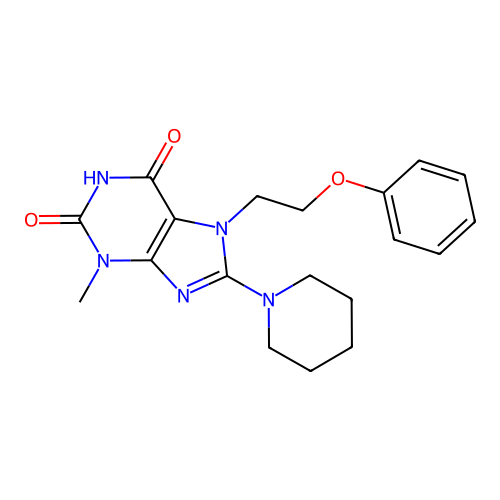 3-methyl-7-(2-phenoxyethyl)-8-(piperidin-1-yl)-1H-purine-2,6(3H,7H)-dione structure