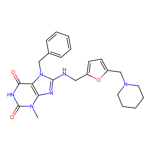 7-benzyl-3-methyl-8-[[5-(1-piperidylmethyl)-2-furyl]methylamino]purine-2,6-dione structure