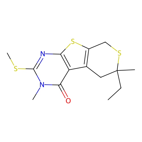 6-ethyl-3,6-dimethyl-2-(methylsulfanyl)-3,5,6,8-tetrahydro-4H-thiopyrano[4',3':4,5]thieno[2,3-d]pyrimidin-4-one structure