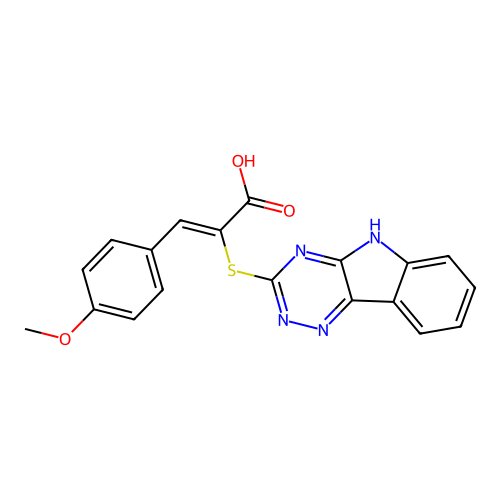 (Z)-3-(4-methoxyphenyl)-2-(5H-[1,2,4]triazino[5,6-b]indol-3-ylsulfanyl)prop-2-enoic acid structure