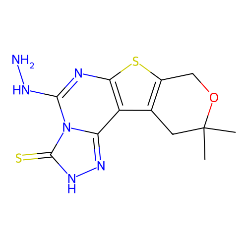 5-hydrazinyl-10,10-dimethyl-10,11-dihydro-2H-pyrano[4',3':4,5]thieno[3,2-e][1,2,4]triazolo[4,3-c]pyrimidine-3(8H)-thione structure