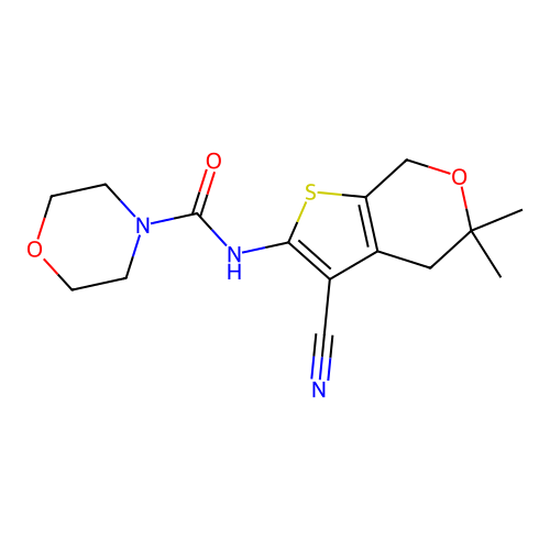 N-(3-cyano-5,5-dimethyl-4,7-dihydrothieno[2,3-c]pyran-2-yl)morpholine-4-carboxamide structure