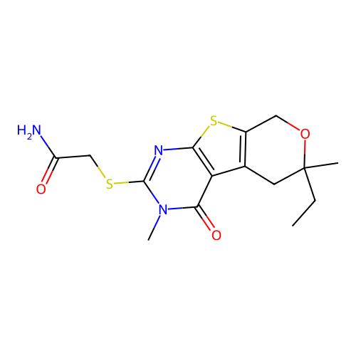 2-((6-ethyl-3,6-dimethyl-4-oxo-4,5,6,8-tetrahydro-3H-pyrano[4',3':4,5]thieno[2,3-d]pyrimidin-2-yl)thio)acetamide structure