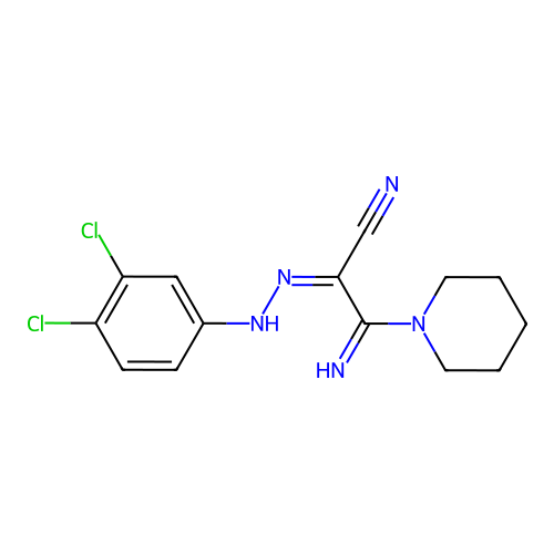 (Z)-N'-(3,4-dichlorophenyl)-2-imino-2-(piperidin-1-yl)acetohydrazonoyl cyanide structure