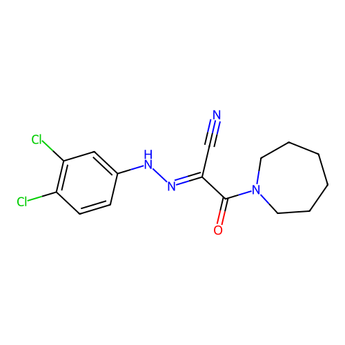 (E)-2-(azepan-1-yl)-N'-(3,4-dichlorophenyl)-2-oxoacetohydrazonoyl cyanide structure