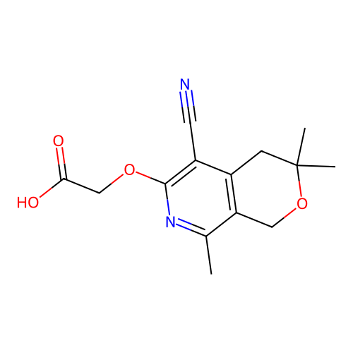 2-((5-cyano-3,3,8-trimethyl-3,4-dihydro-1H-pyrano[3,4-c]pyridin-6-yl)oxy)acetic acid structure