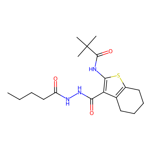 N-(3-(2-pentanoylhydrazinecarbonyl)-4,5,6,7-tetrahydrobenzo[b]thiophen-2-yl)pivalamide structure