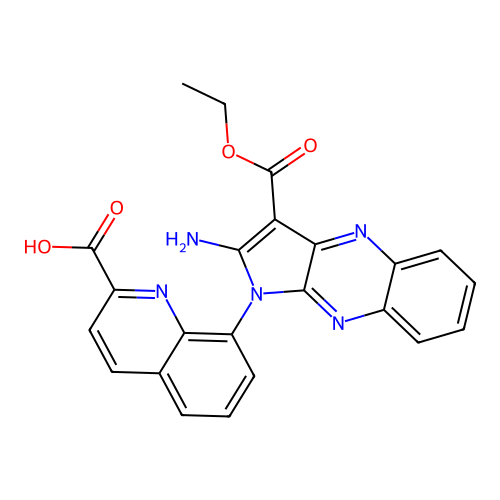8-(2-amino-3-(ethoxycarbonyl)-1H-pyrrolo[2,3-b]quinoxalin-1-yl)quinoline-2-carboxylic acid structure