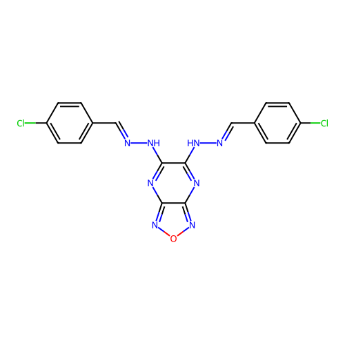 5,6-bis((E)-2-(4-chlorobenzylidene)hydrazinyl)-[1,2,5]oxadiazolo[3,4-b]pyrazine structure