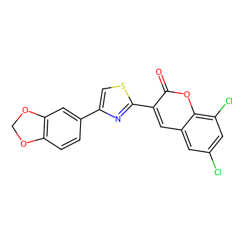 3-(4-(benzo[d][1,3]dioxol-5-yl)thiazol-2-yl)-6,8-dichloro-2H-chromen-2-one structure