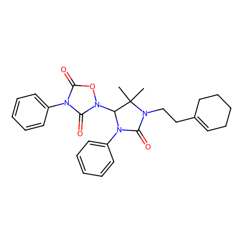 2-(1-(2-(cyclohex-1-en-1-yl)ethyl)-5,5-dimethyl-2-oxo-3-phenylimidazolidin-4-yl)-4-phenyl-1,2,4-oxadiazolidine-3,5-dione structure