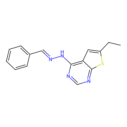 (E)-4-(2-benzylidenehydrazinyl)-6-ethylthieno[2,3-d]pyrimidine structure