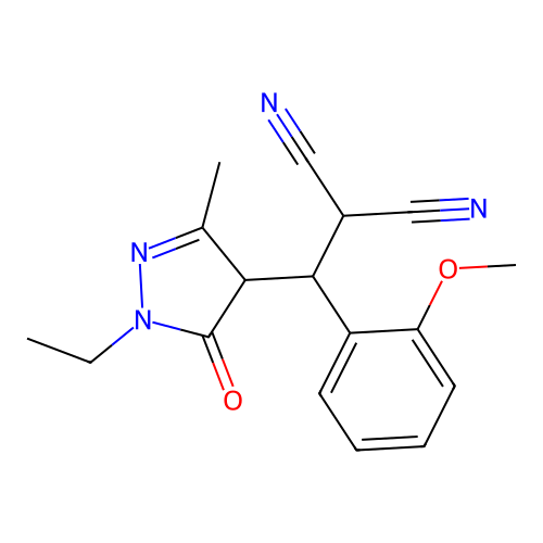 2-[(1-ethyl-3-methyl-5-oxo-4H-pyrazol-4-yl)-(2-methoxyphenyl)methyl]propanedinitrile structure