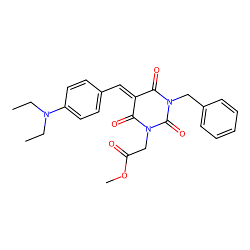 (Z)-methyl 2-(3-benzyl-5-(4-(diethylamino)benzylidene)-2,4,6-trioxotetrahydropyrimidin-1(2H)-yl)acetate structure