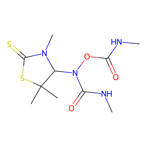 3-methyl-1-((methylcarbamoyl)oxy)-1-(3,5,5-trimethyl-2-thioxothiazolidin-4-yl)urea structure