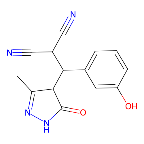 2-[(3-hydroxyphenyl)-(3-methyl-5-oxo-1,4-dihydropyrazol-4-yl)methyl]propanedinitrile structure